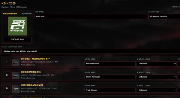LiveryLab Custom Grids screen for Assetto Corsa EVO race presets