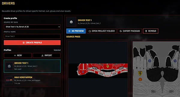 LiveryLab Driver Profiles screen for helmet, suit and driver package assets