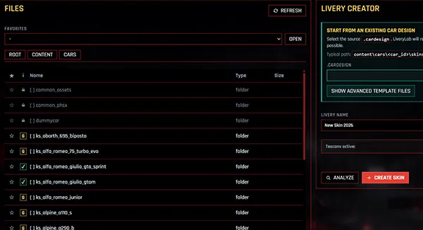 LiveryLab Livery Creator screen for custom skin projects