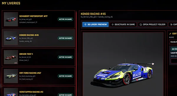 LiveryLab My Liveries screen showing local livery previews and game sync status