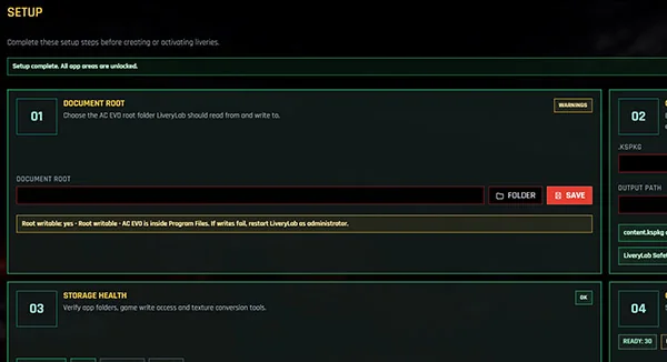 LiveryLab setup screen for selecting the Assetto Corsa EVO folder and extracting game resources