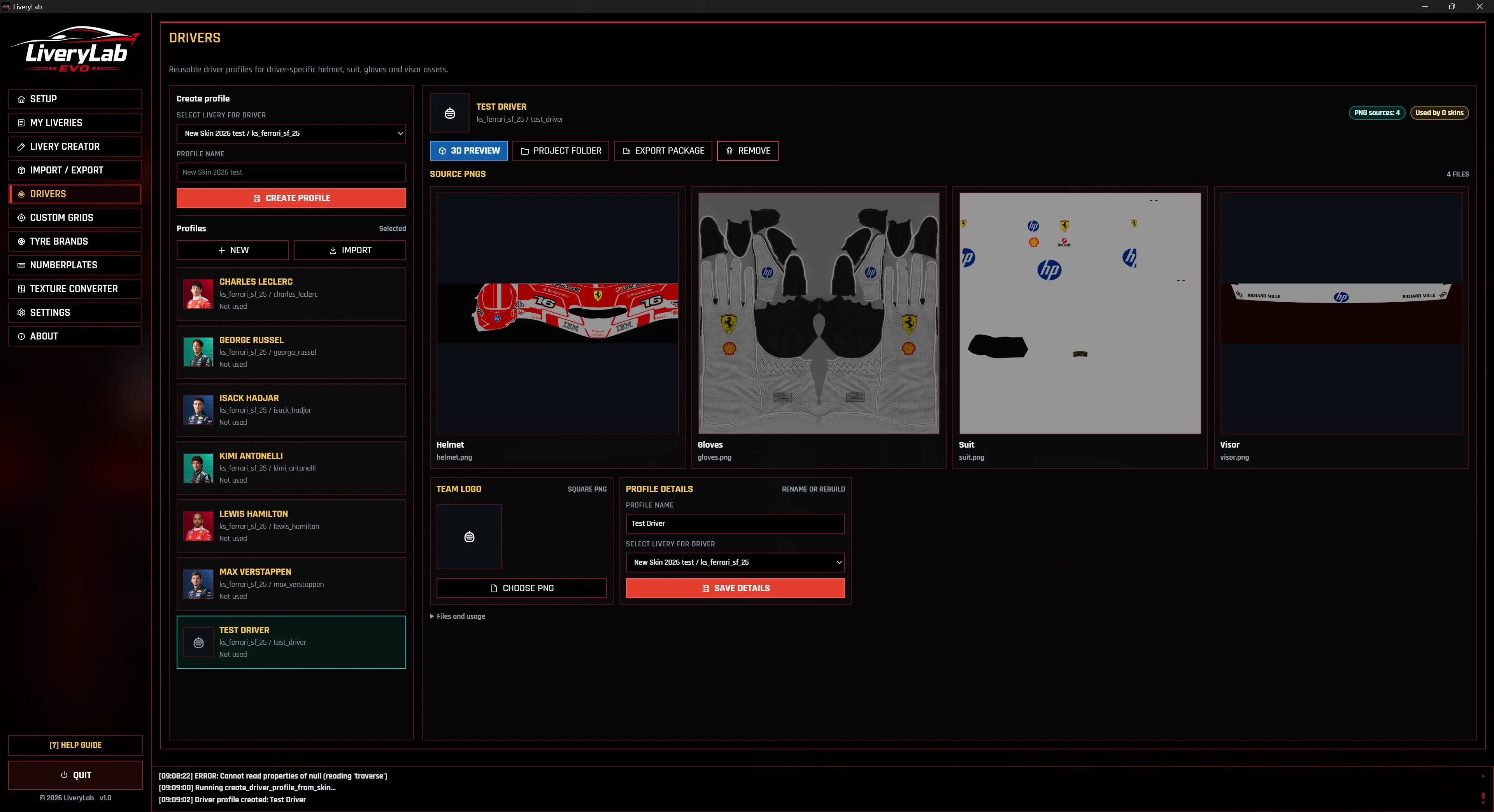 LiveryLab Advanced Driver Profiles screen for custom driver assets