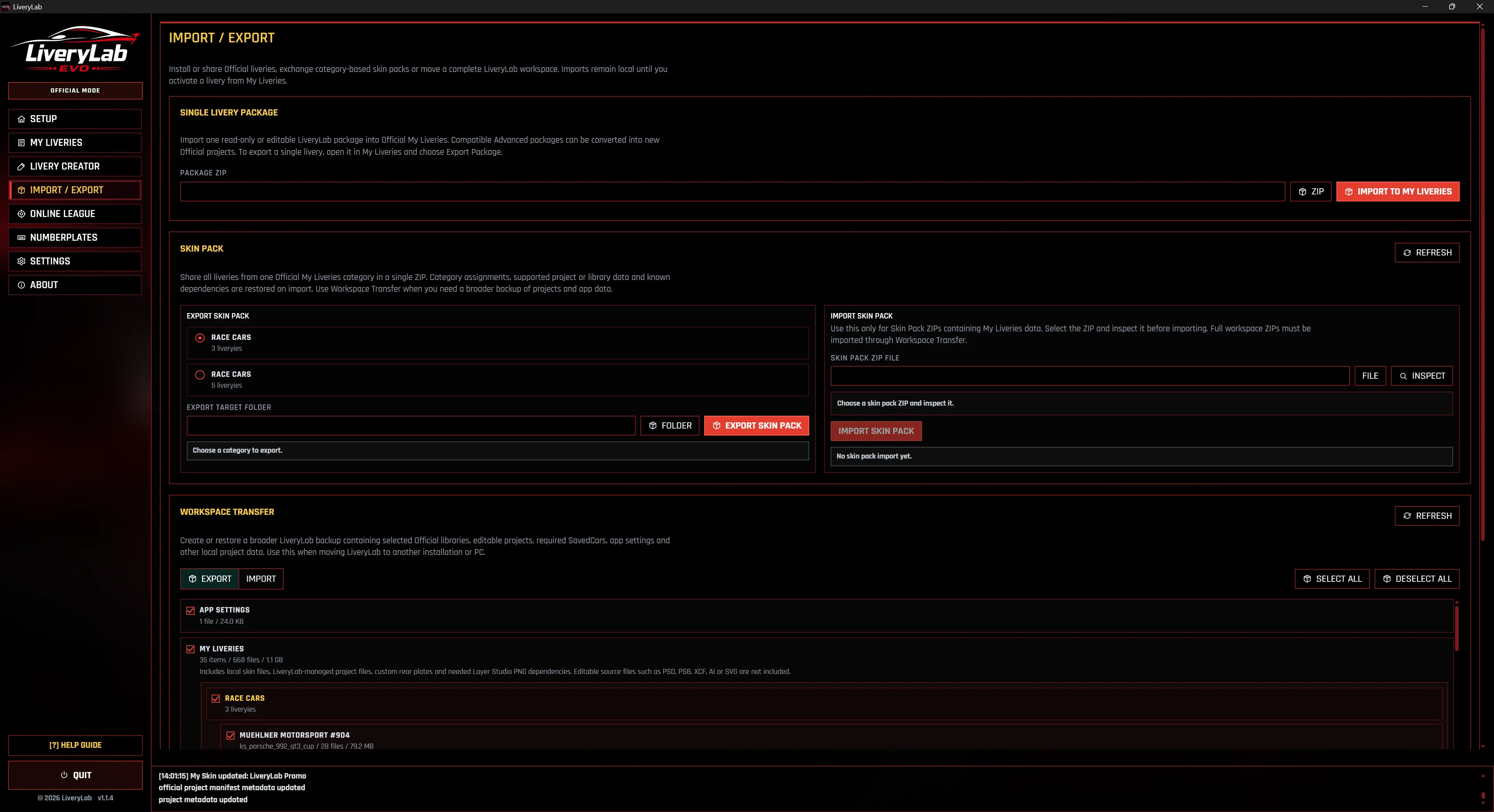 Current LiveryLab Import and Export screen for sharing Official livery packages