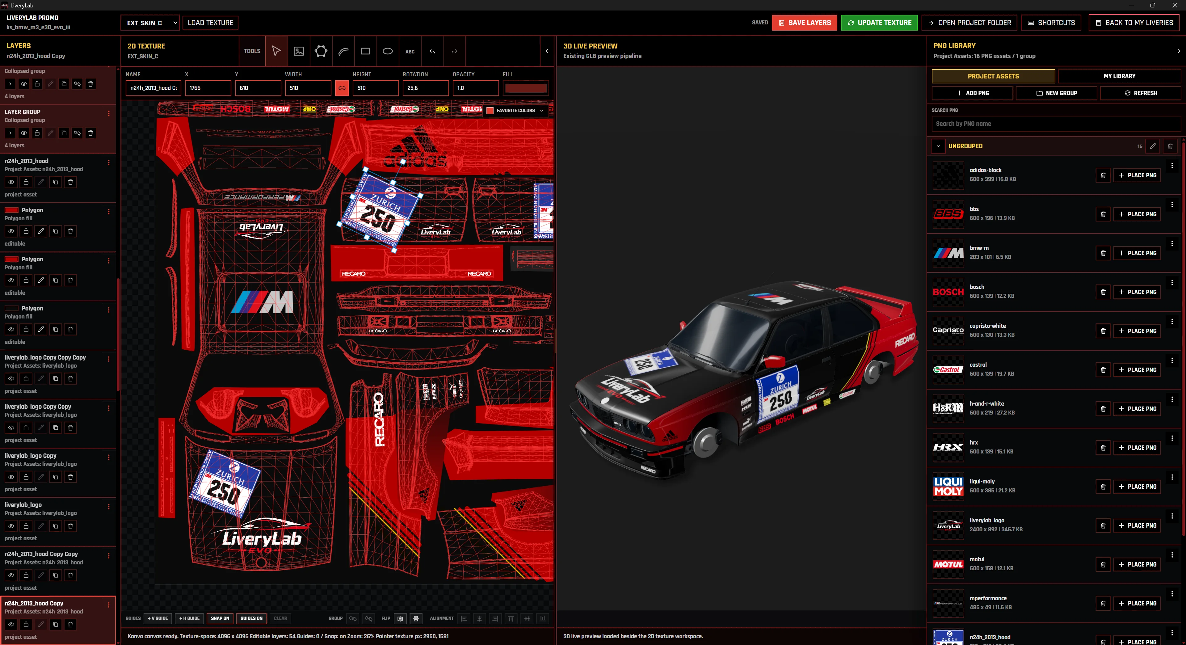 LiveryLab Layer Studio visual editor for building an AC EVO livery