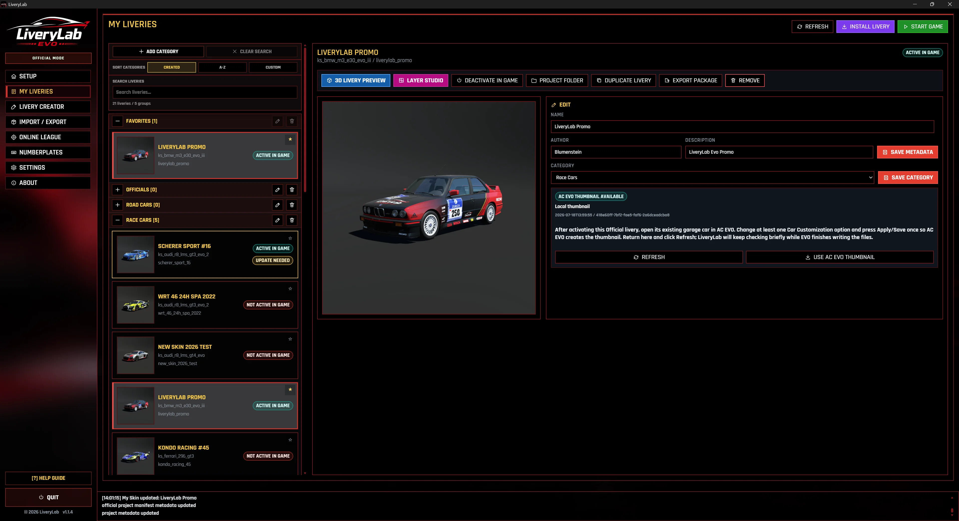 Current LiveryLab My Liveries screen with Official livery cards and game sync states